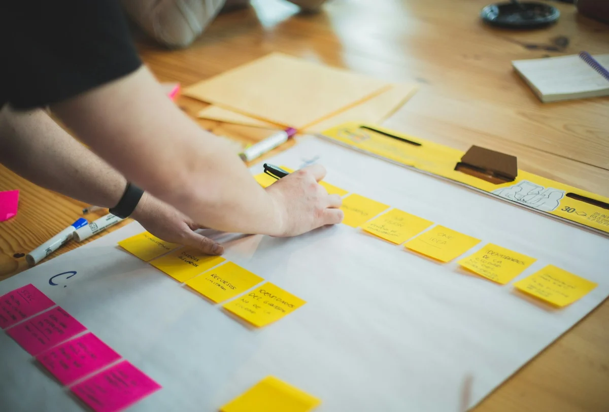 Organising a plan with notes and papers on a table