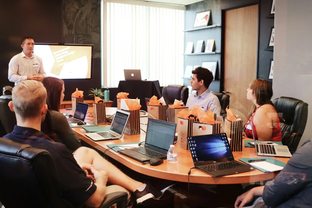 Marketing team discussing campaigns in a meeting